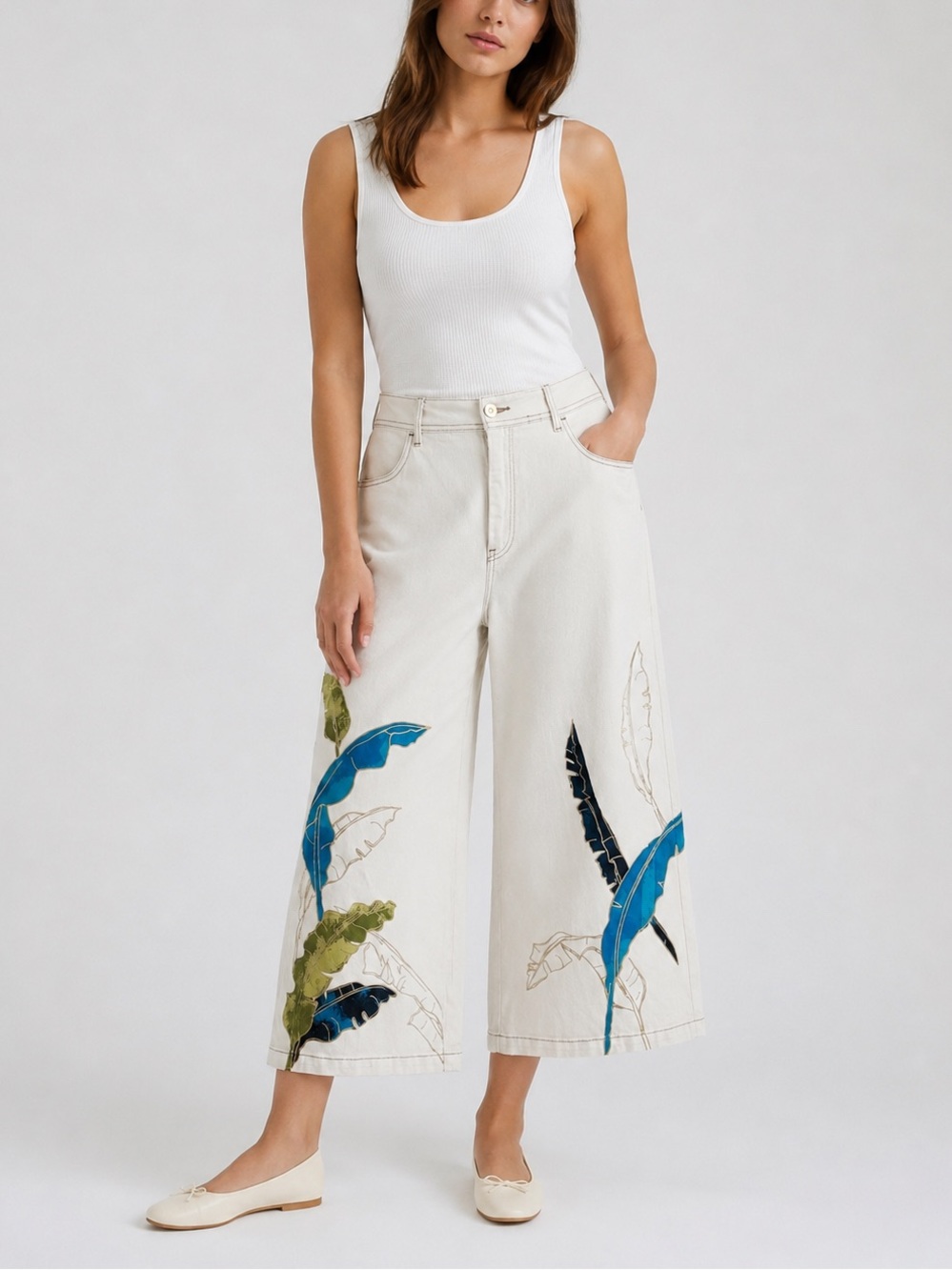 Chico’s Trouser Crop Pants Womens Size 16 Ivory  Floral Print  Wide Leg